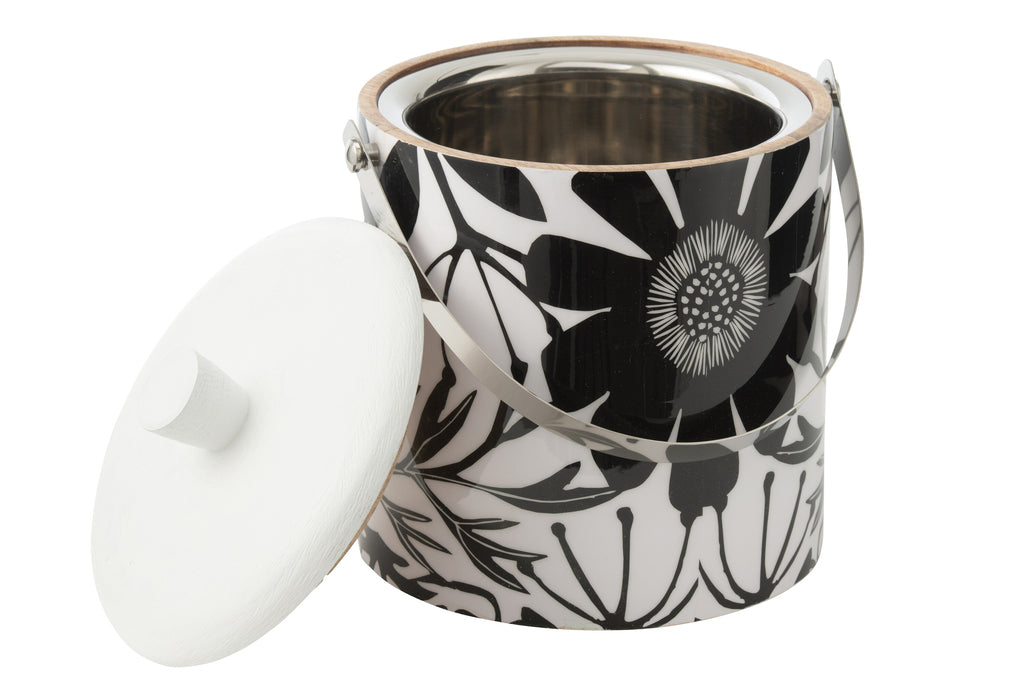 Ice Bucket Floral Pattern Mango Wood Black/White