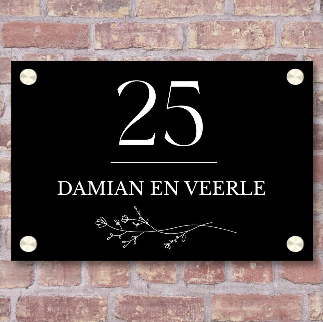 Label2X Naambordje rechthoek Naambordje voordeur rechthoek zwart bloem woonaccessoires homedecoratie