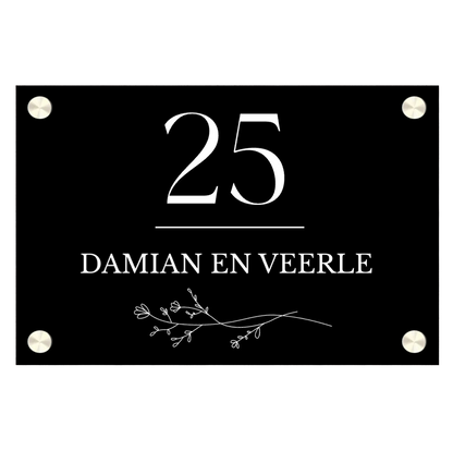 Label2X Naambordje rechthoek Naambordje voordeur rechthoek zwart bloem woonaccessoires homedecoratie
