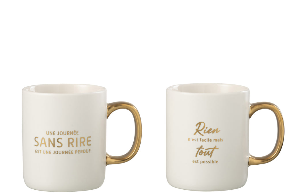 J-Line Mok Bericht Positief Porselein Wit / Goud Assortiment Van 2