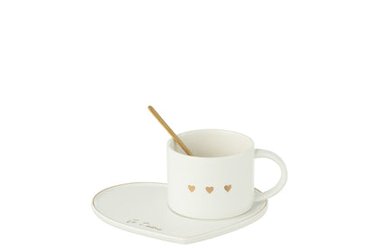 J-Line Beker + Schotel + Lepel 3 Hart Keramiek Wit/Goud