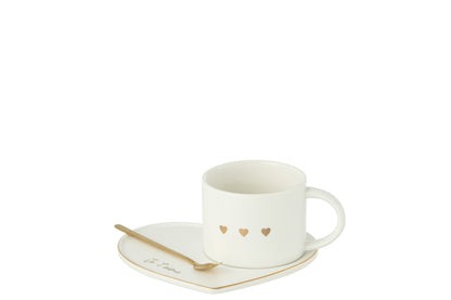 J-Line Beker + Schotel + Lepel 3 Hart Keramiek Wit/Goud