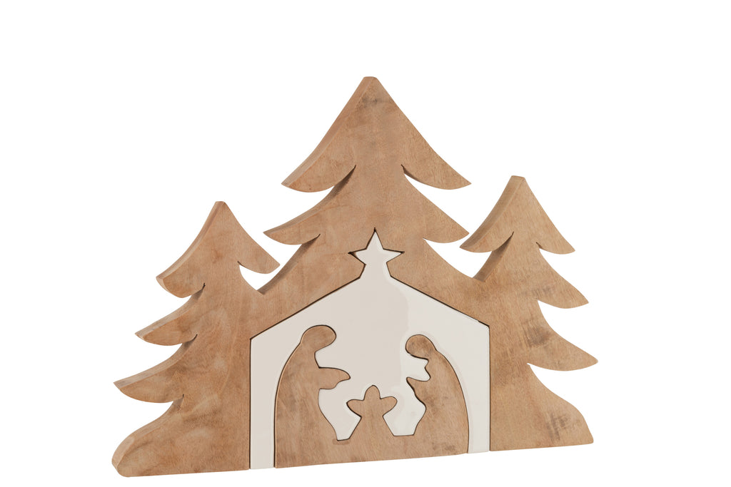 J-Line Kerststal + Kerstbomen Puzzel Mangohout Wit/Natuurlijk