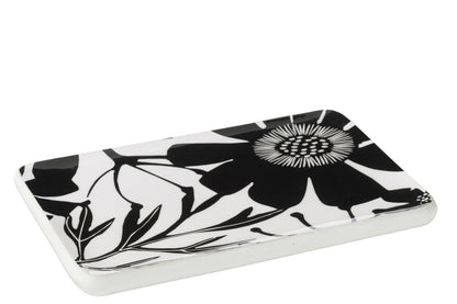 Platter Rectangle Floral Pattern Mango Wood Black/White