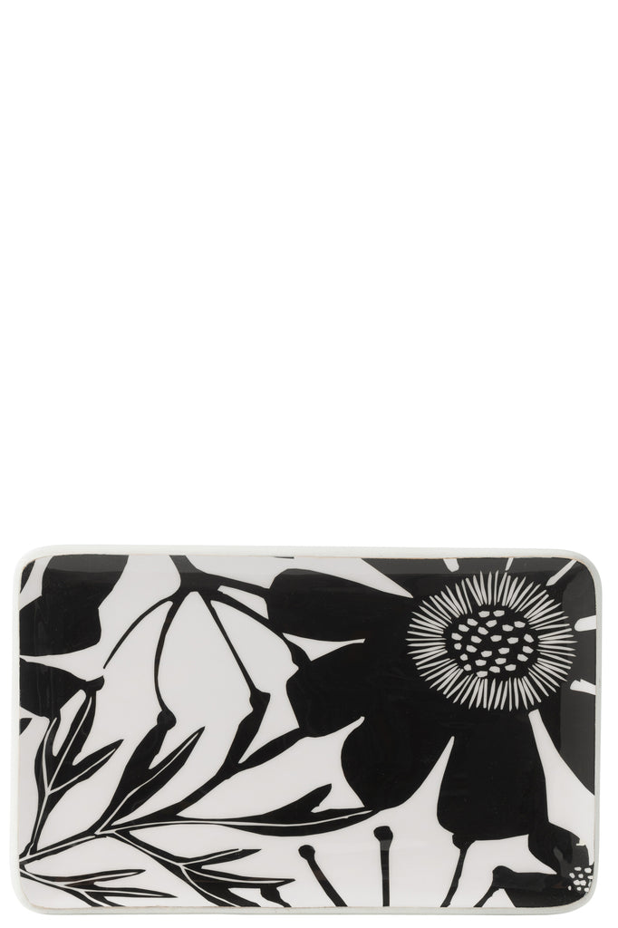 Platter Rectangle Floral Pattern Mango Wood Black/White