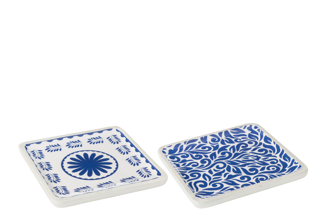 Schaal Vierkant Bloemmotief Mangohout Blauw/Wit, set van 2