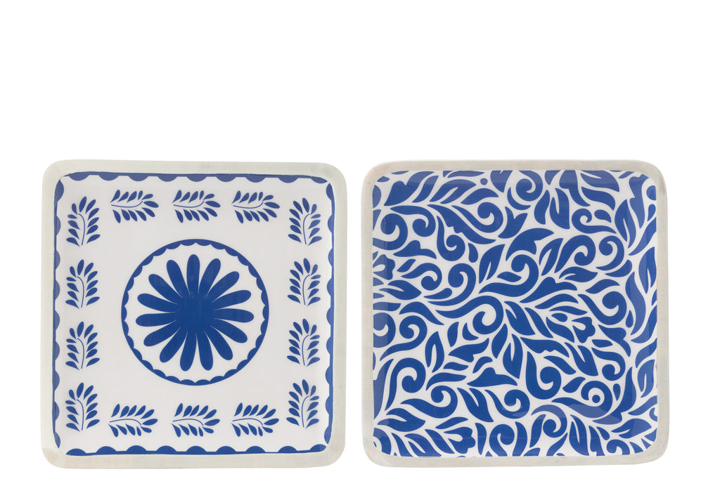 Schaal Vierkant Bloemmotief Mangohout Blauw/Wit, set van 2