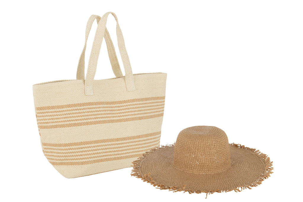 Set van 2 strandtas gestreept + hoed papier beige/lichtbruin