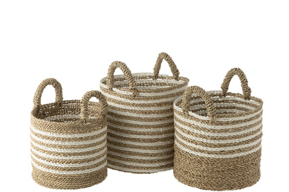 Set van 3 manden gestreept raffia wit/natuurlijk