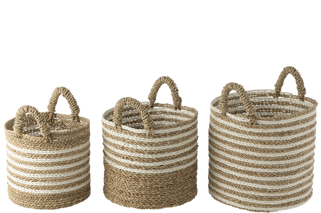 Set van 3 manden gestreept raffia wit/natuurlijk