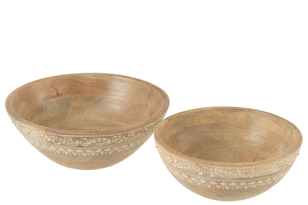Set van 2 kommen kralen mangohout natuurlijk/wit