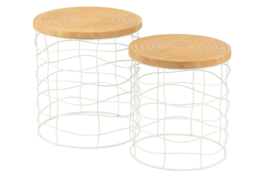 Set van 2 bijzettafels met snijwerk van ijzer/dennen hout natuurlijk/wit.