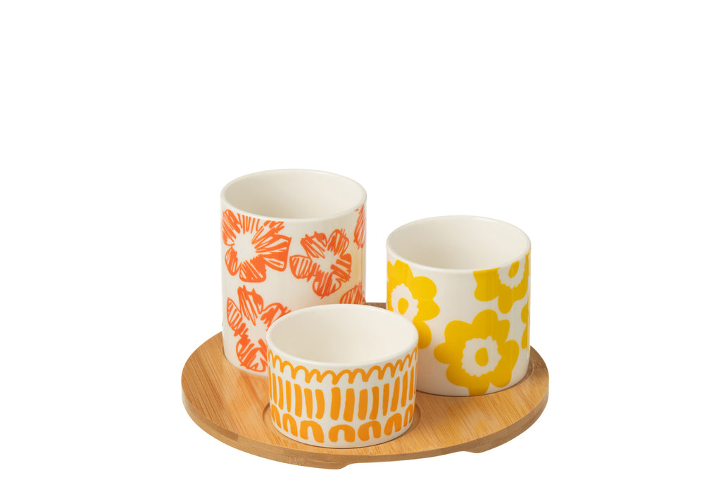 Set van 3 hapjes kommen + bamboe dienblad in doos, keramiek, gemengde kleuren