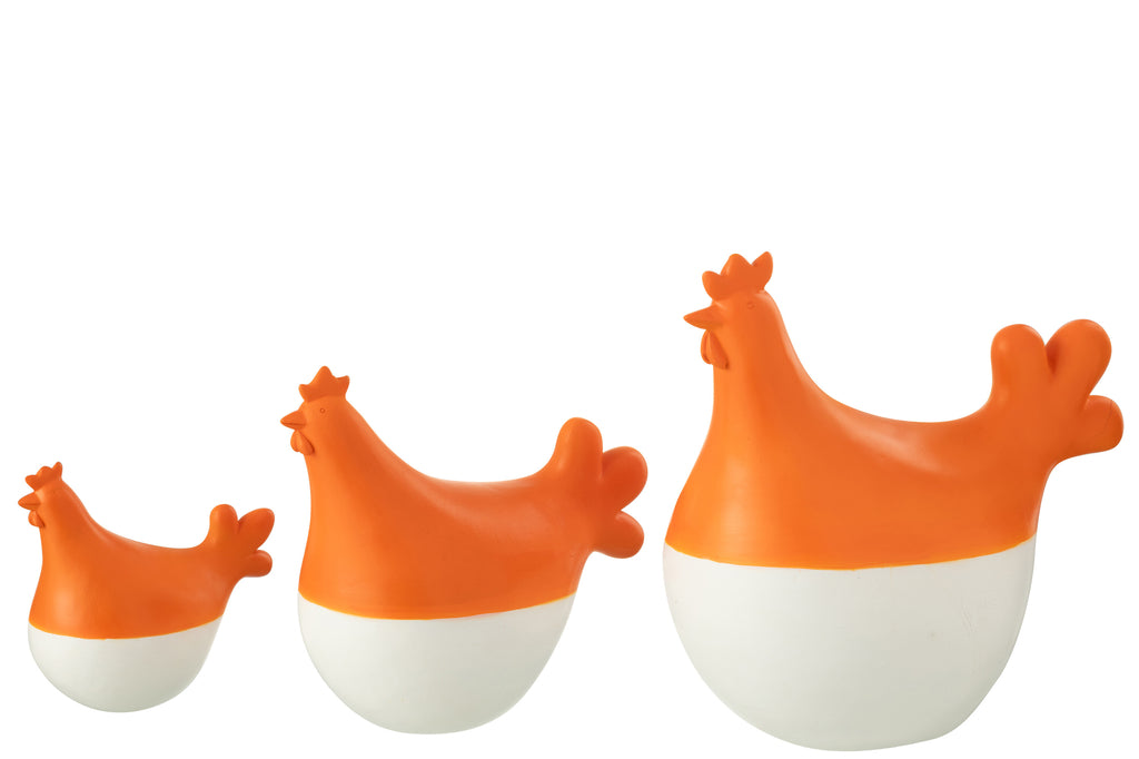 Set Of 3 Roosters Polyresin White/Orange