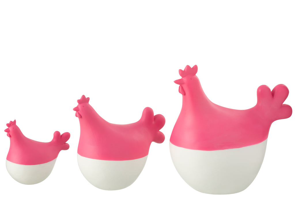 Set Of 3 Roosters Polyresin White/Pink