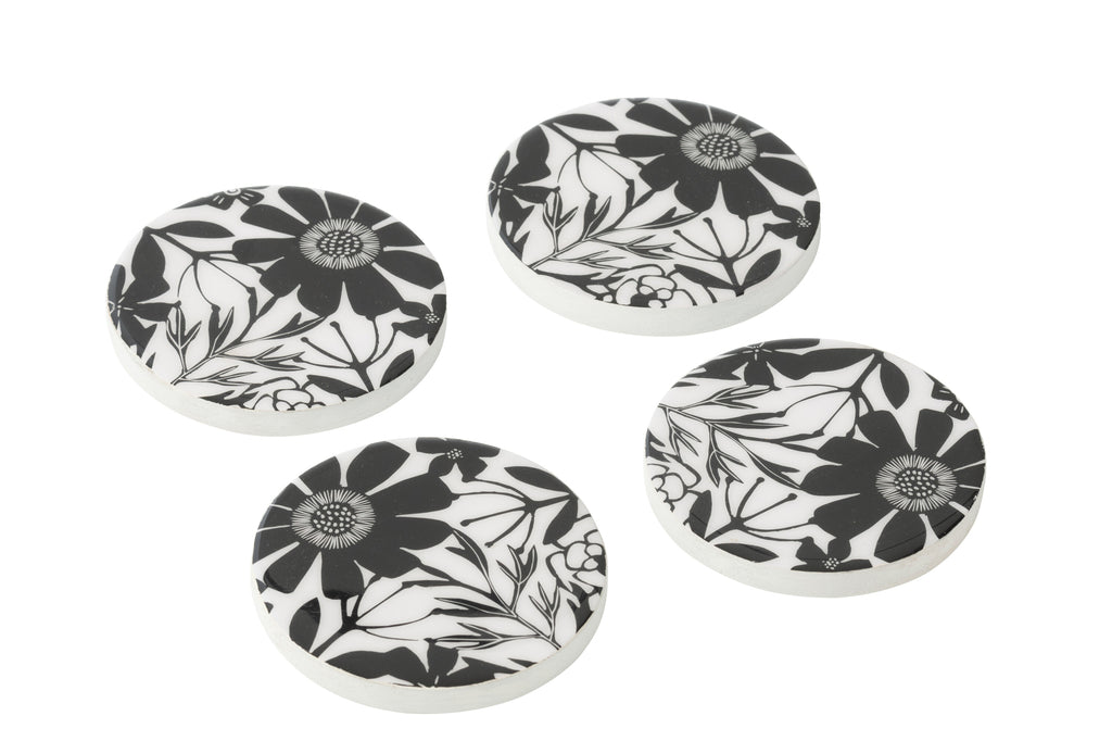 Set Of 4 Coasters Floral Pattern Mango Wood Black/White