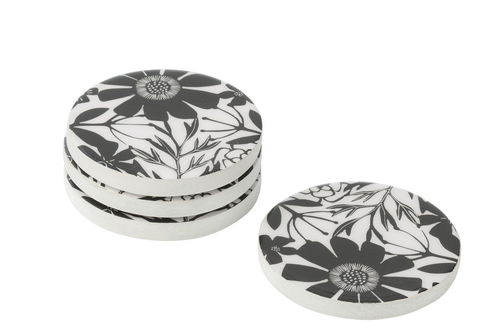 Set Of 4 Coasters Floral Pattern Mango Wood Black/White