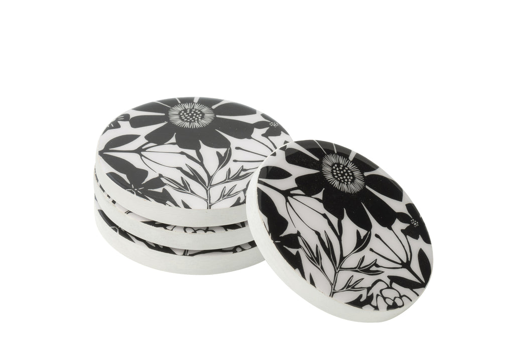 Set Of 4 Coasters Floral Pattern Mango Wood Black/White