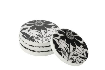 Set Of 4 Coasters Floral Pattern Mango Wood Black/White