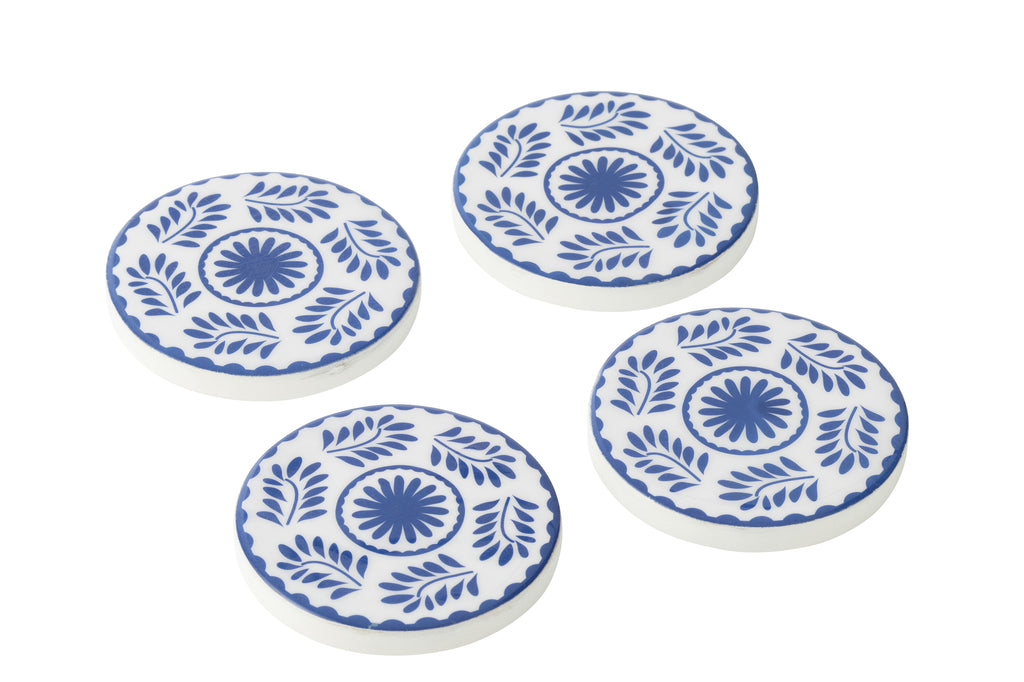 Set van 4 onderzetters bloemenpatroon mangohout blauw/wit