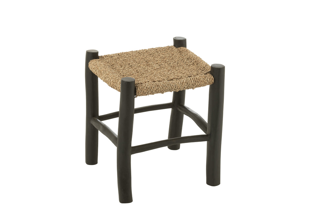 Stool Square Teak Wood/Seagrass Black/Natural