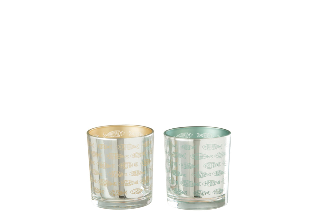 Theelicht Vis Glas Beige/Blauw Assortiment Van 2