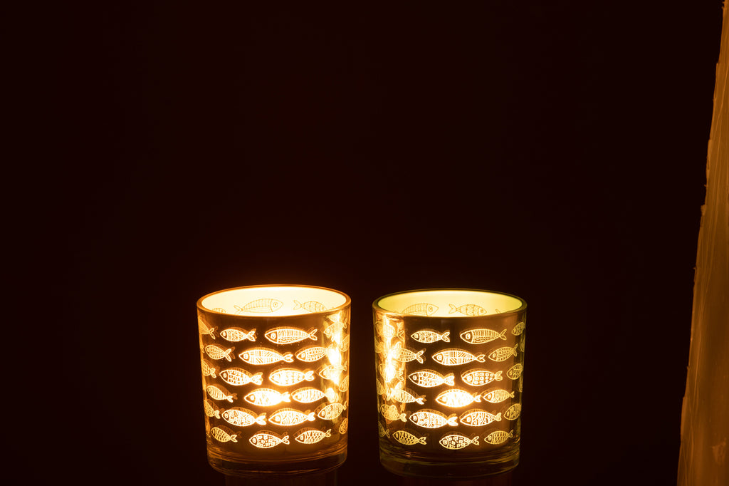 Theelicht Vis Glas Beige/Blauw Assortiment Van 2
