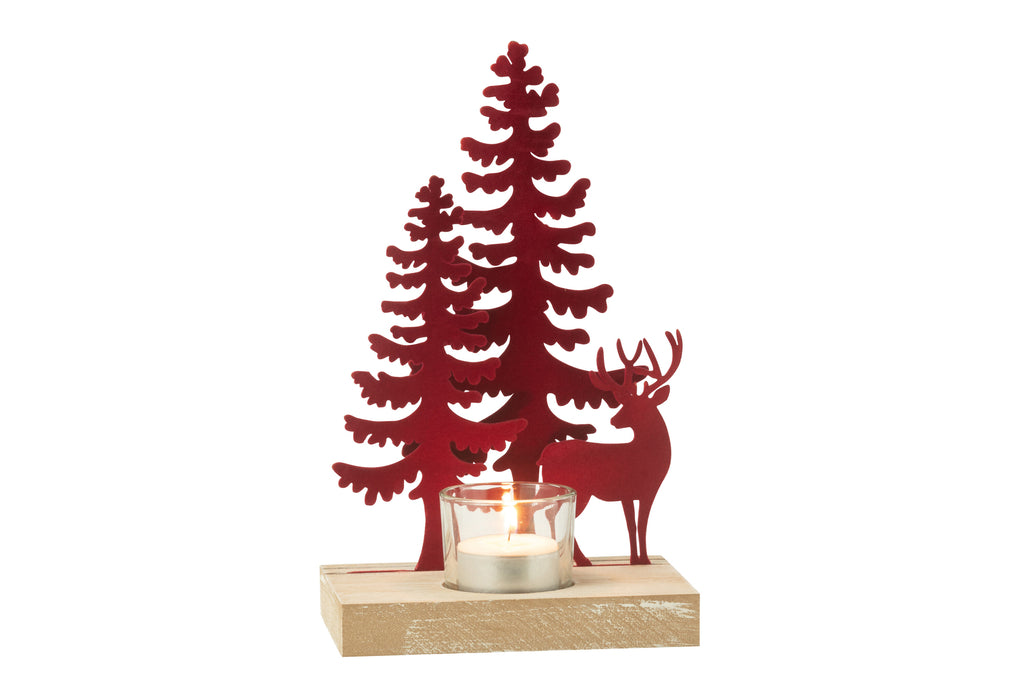 Theelichthouder 1 stuk Rendier/Bomen Metaal/Hout Rood