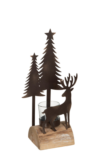 J-Line Tealight Holder Christmas Wood/Metal Natural/Brown Small