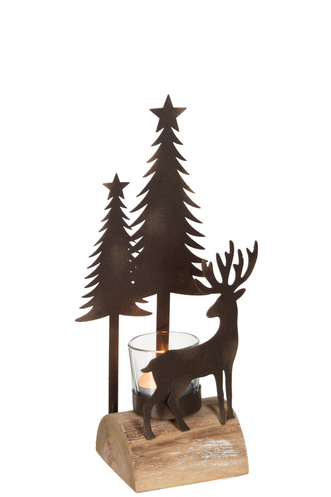 J-Line Tealight Holder Christmas Wood/Metal Natural/Brown Small
