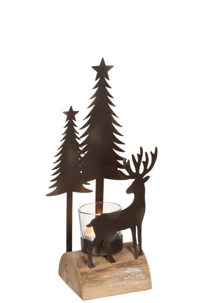 J-Line Tealight Holder Christmas Wood/Metal Natural/Brown Small