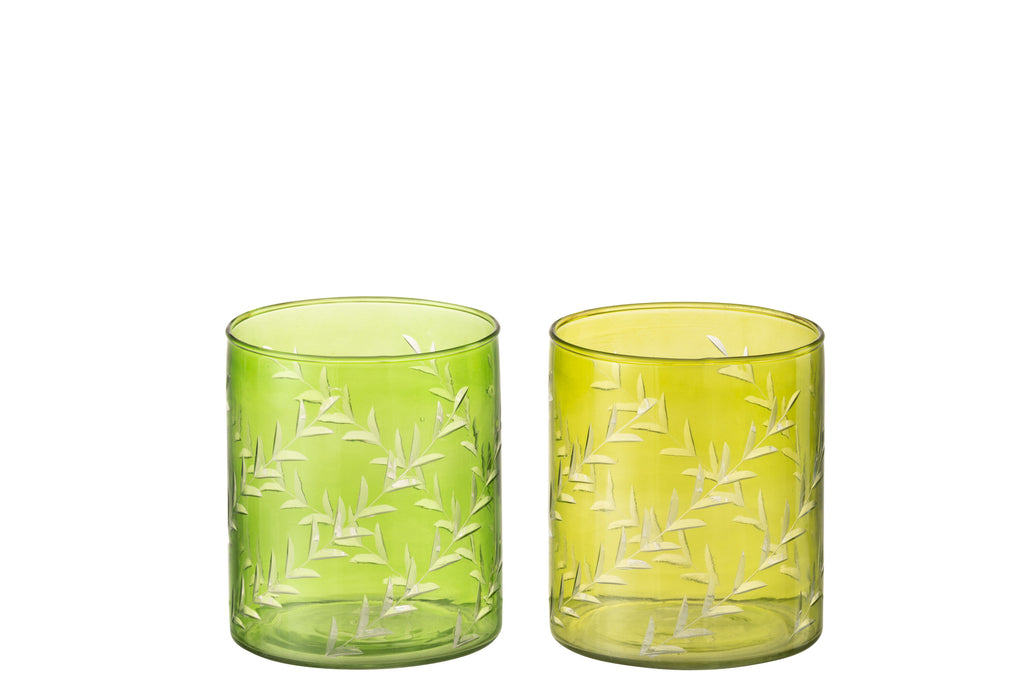 Theelichthouder Bladeren Glas Groen Groot Assortiment Van 2