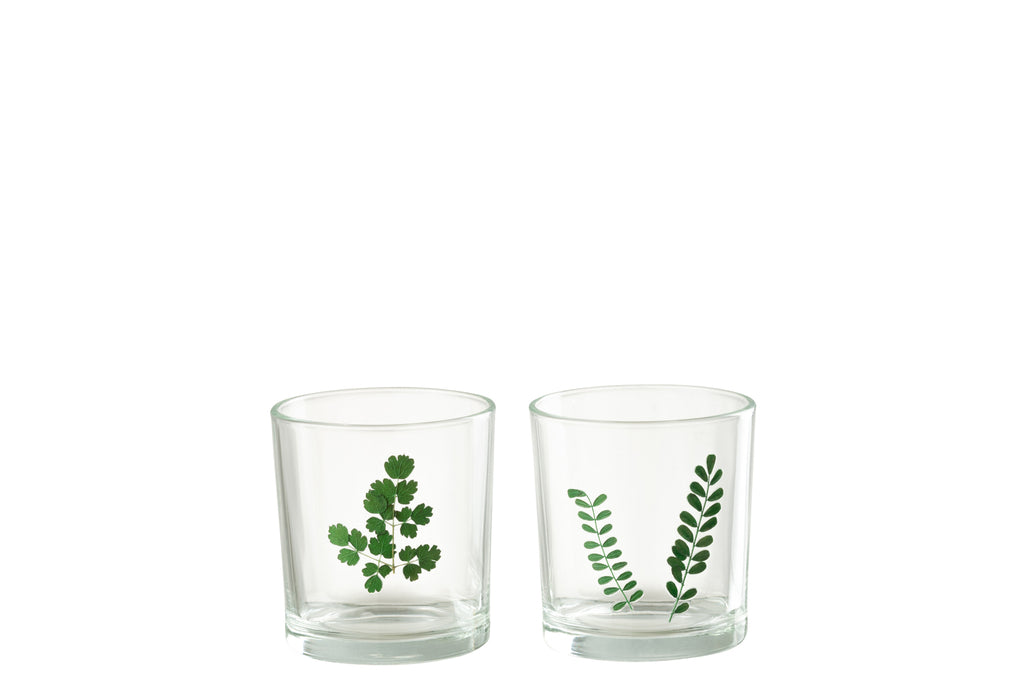 Theelicht Blad Glas Groen/Transparant Assortiment Van 2