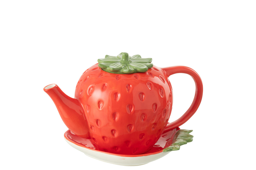 Theepot + Bord Aardbei Dolomiet Rood