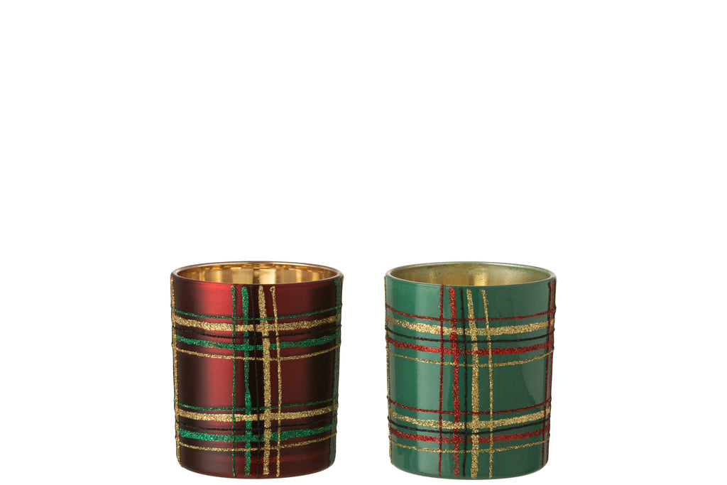 Theelichthouder Geruit Glas Rood/Groen Groot Assortiment Van 2