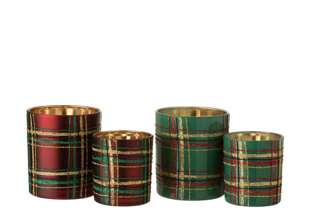 Theelichthouder Geruit Glas Rood/Groen Groot Assortiment Van 2