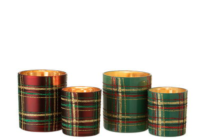 Theelichthouder Geruit Glas Rood/Groen Groot Assortiment Van 2