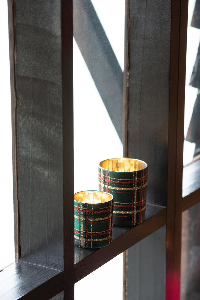 Theelichthouder Geruit Glas Rood/Groen Groot Assortiment Van 2
