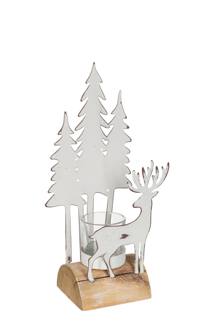 J-Line Theelichthouder Kerst Hout/Metaal Wit/Natuurlijk Klein