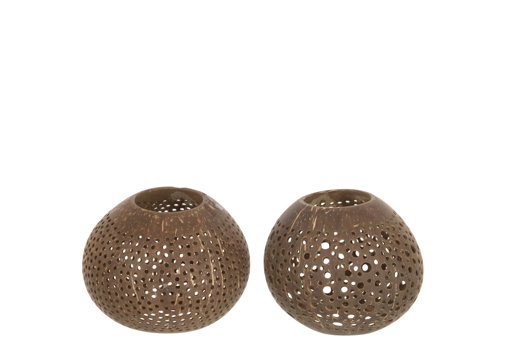 Theelichthouder Kokosnoot Gaten Bruin Assortiment Van 2