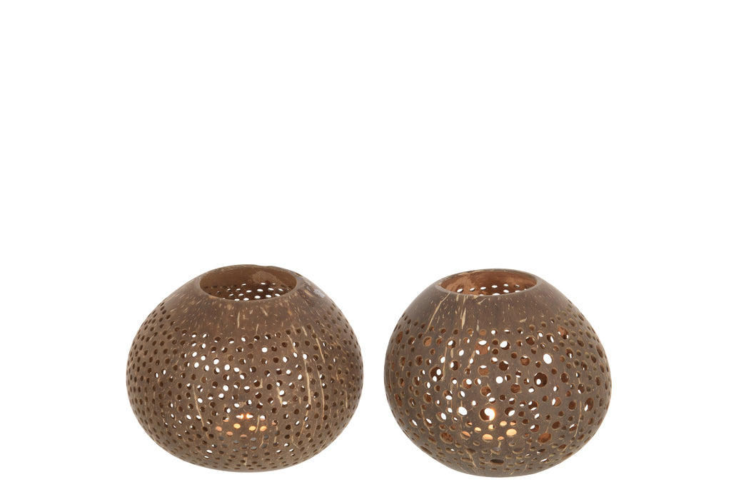 Theelichthouder Kokosnoot Gaten Bruin Assortiment Van 2