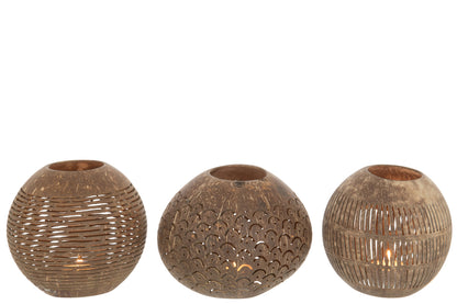 Theelichthouder Kokosnootlijnen Bruin Assortiment Van 3