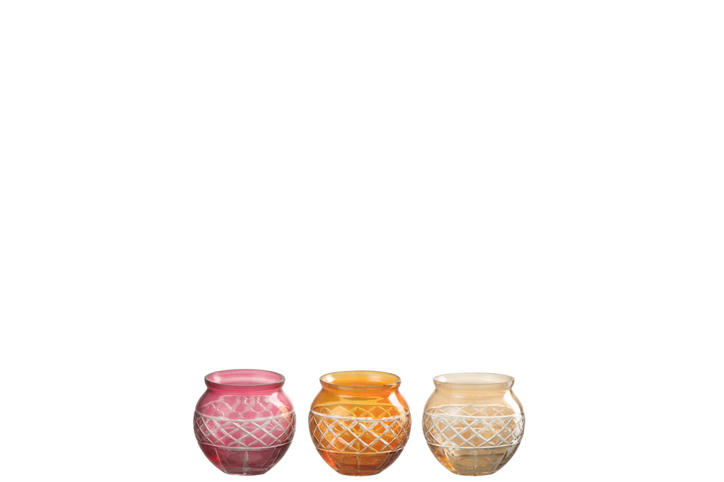 Theelichthouder Rand Bladeren Rond Glas Mix Assortiment Van 3