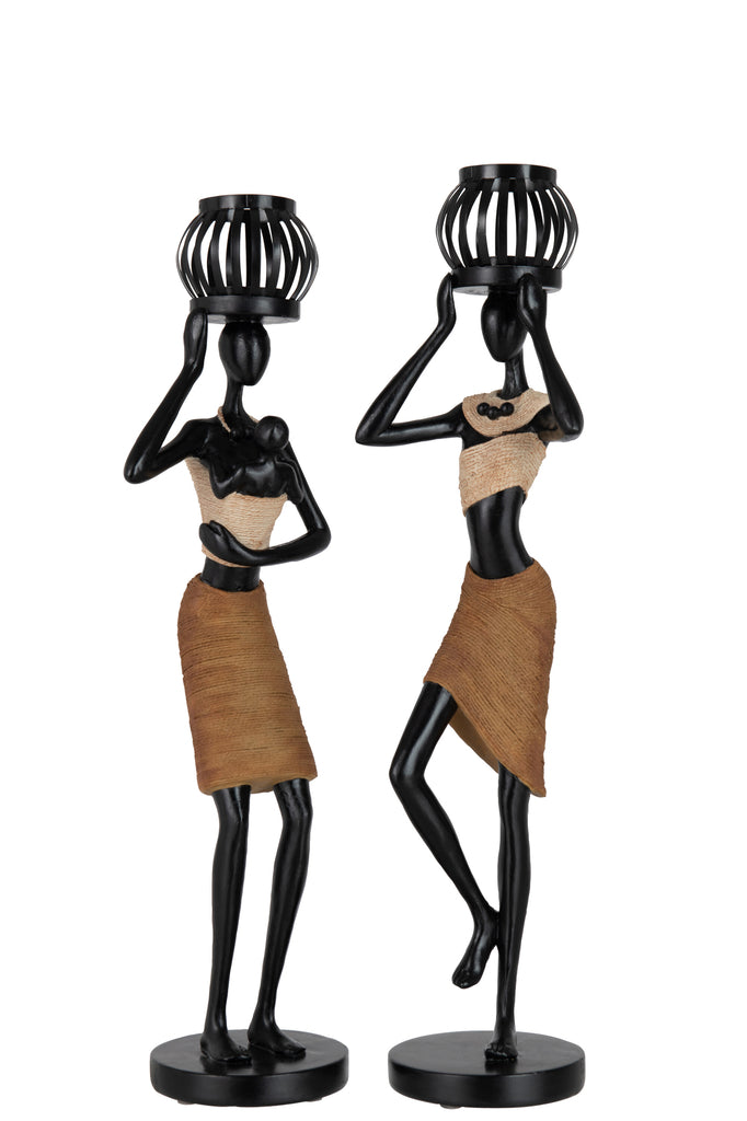 Theelichthouder Op Hoofd Van Figuur Etnisch Poly Bruin Assortiment Van 2