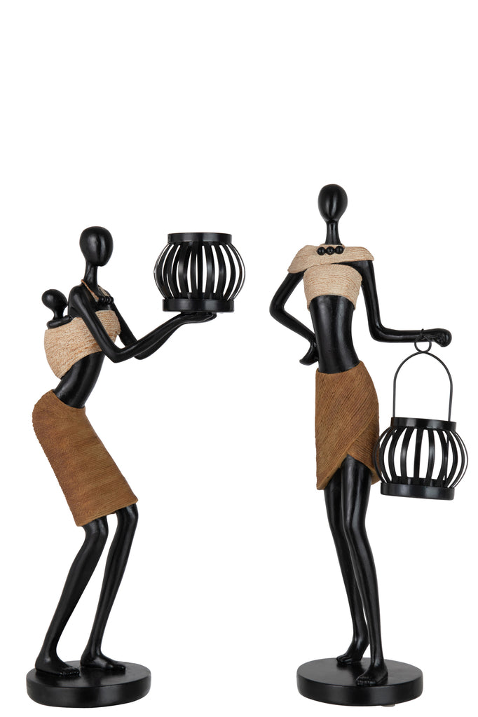 Theelichthouder Op Hoofd Van Figuur Etnisch Poly Bruin Assortiment Van 2