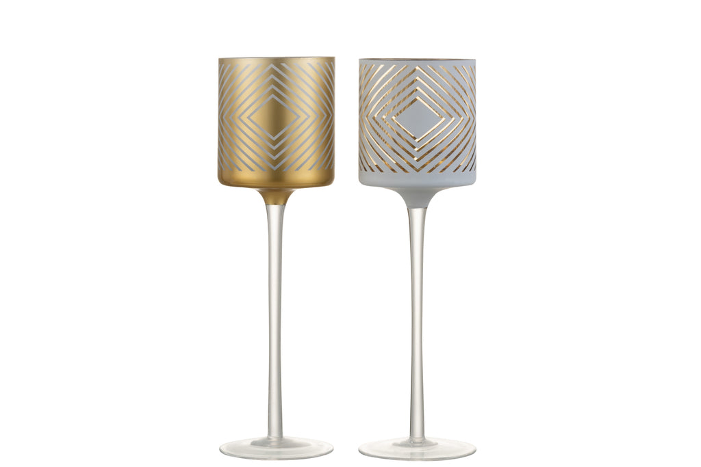 Theelichthouder Op Voet Ruitvormig Glas Wit/Goud Groot Assortiment Van 2