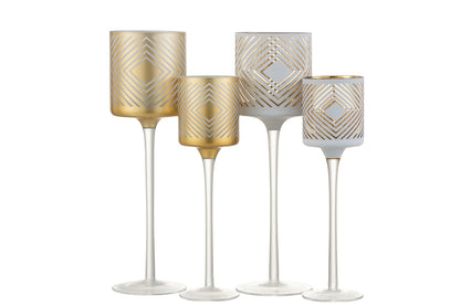 Theelichthouder Op Voet Ruitvormig Glas Wit/Goud Groot Assortiment Van 2