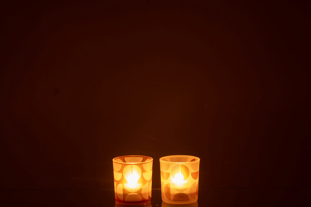 Theelichthouder Half Rond Glas Oranje Klein Assortiment Van 2