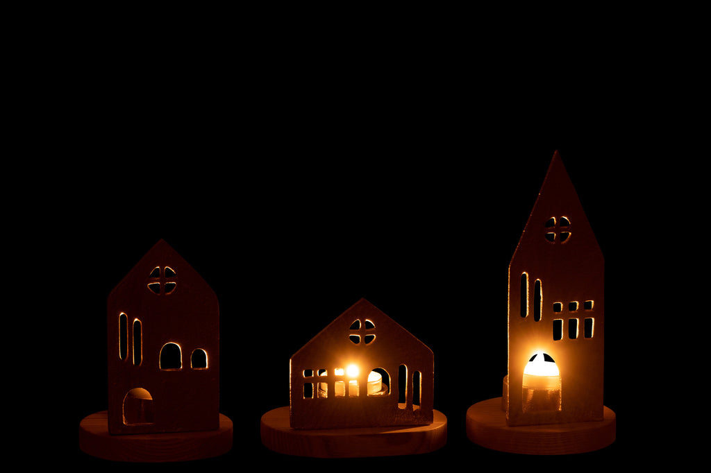 Theelichthouder Huis Aluminium/Hout Natuurlijk/Goud Assortiment Van 3