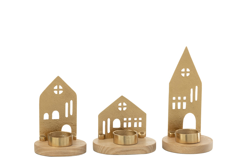 Theelichthouder Huis Aluminium/Hout Natuurlijk/Goud Assortiment Van 3